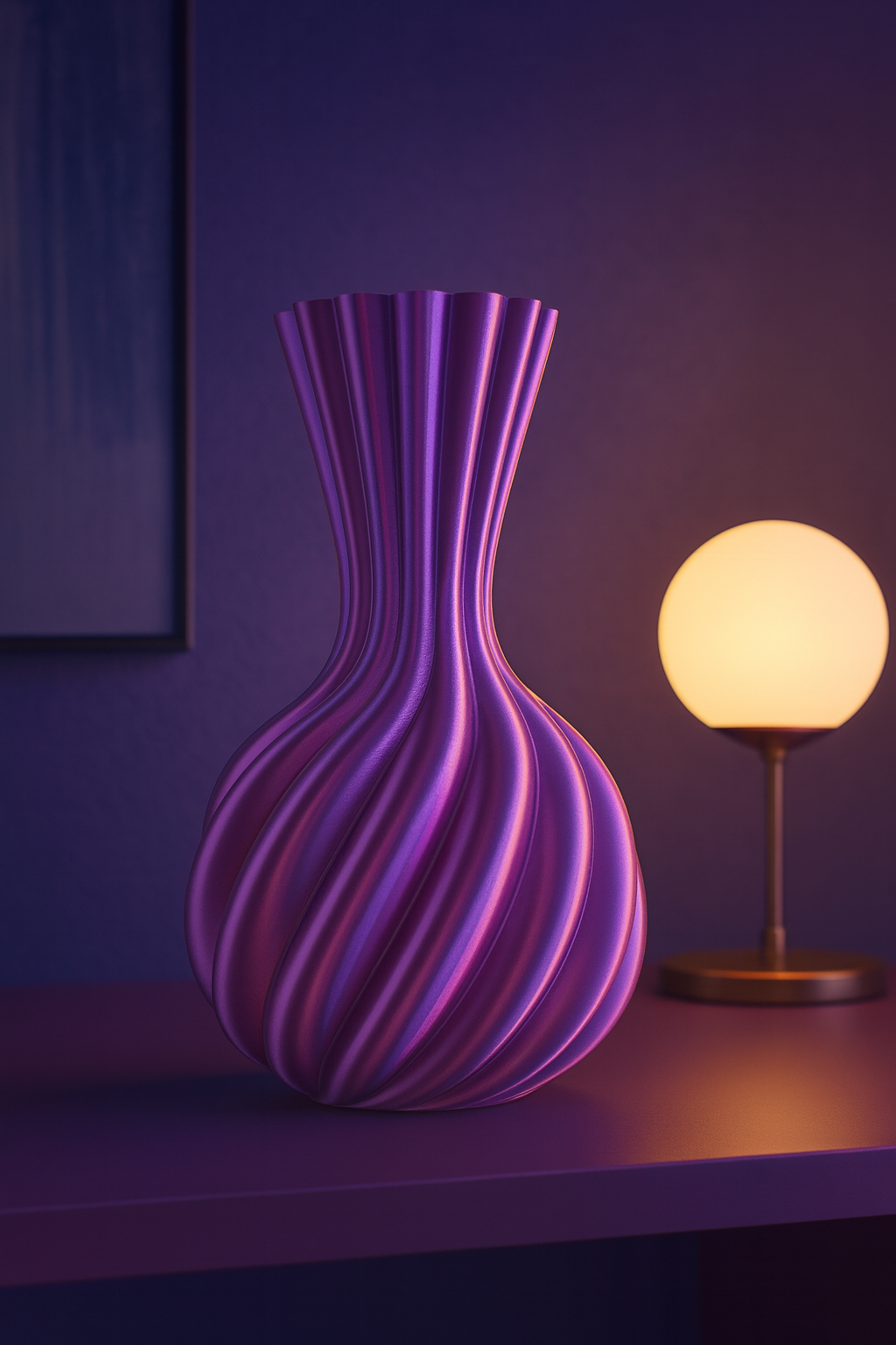 Vaso decorativo viola a scanalature, ideale per fiori e arredamento moderno