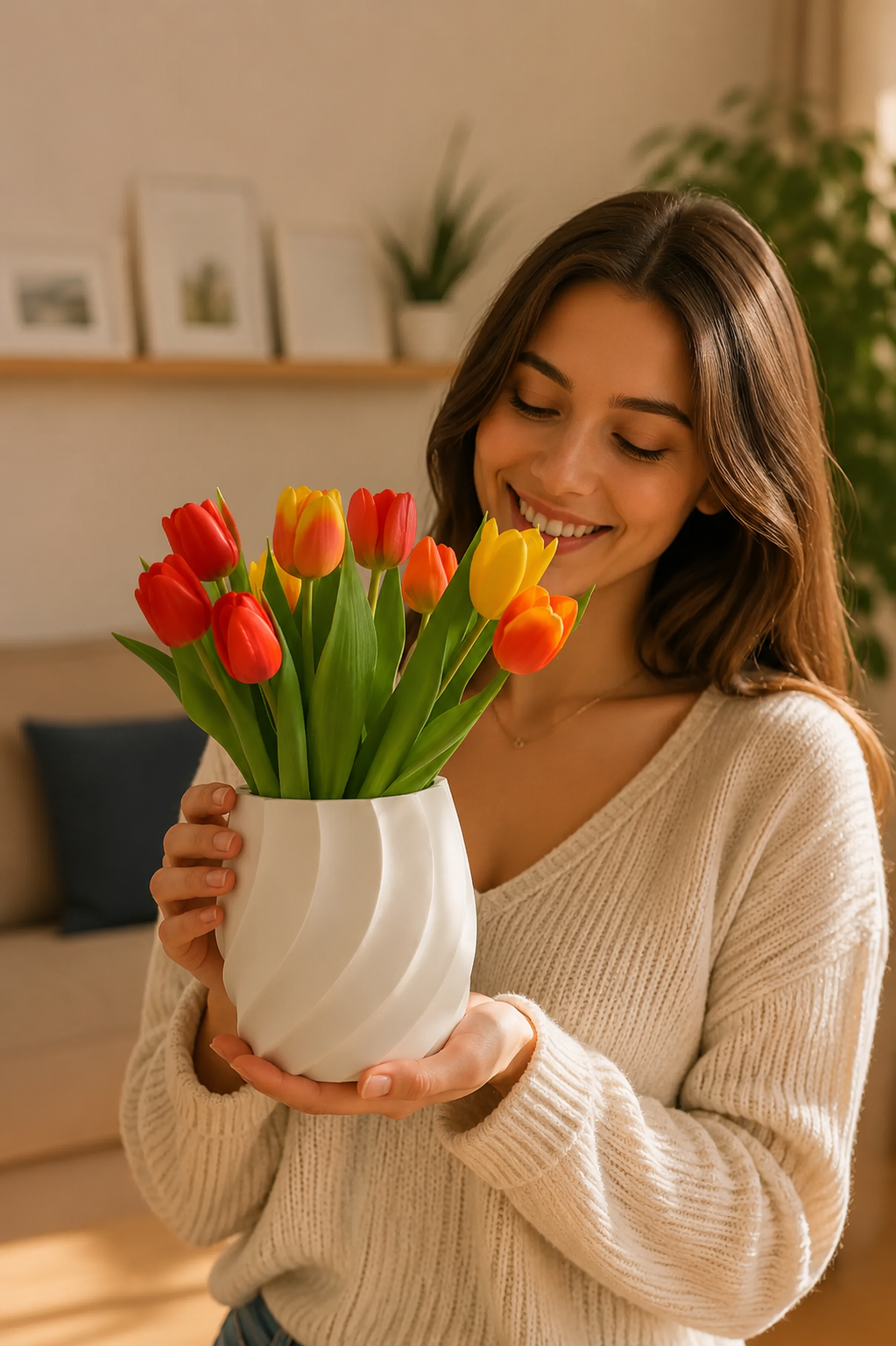 Vaso a spirale per piante e decorazioni da interni, design contemporaneo ragazza che mostra