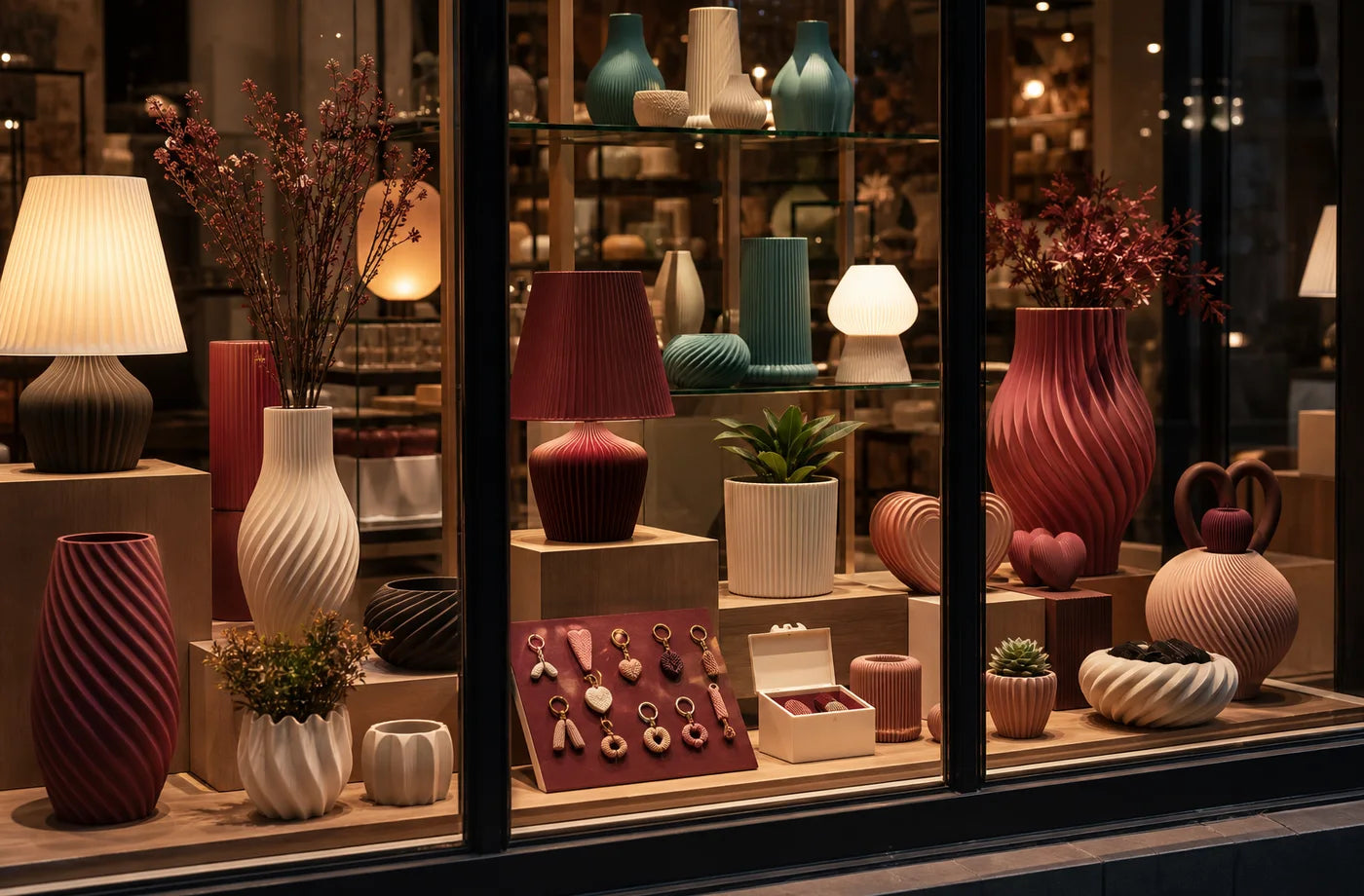 Evening shop window lit by Fjoccola lamps and objects